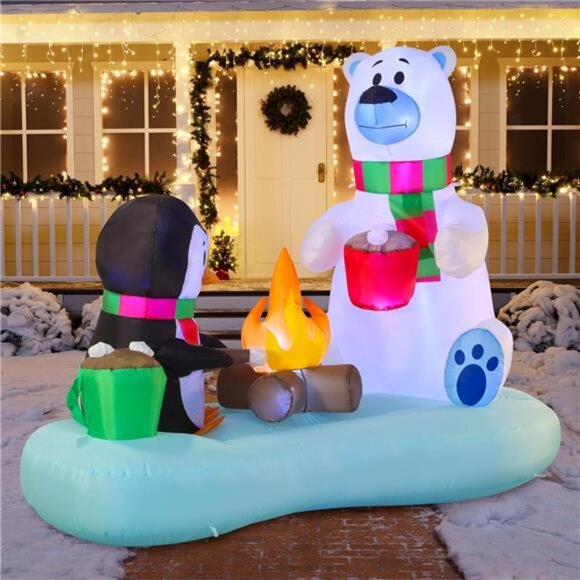 New 6 FT Long Christmas Inflatable Polar Bear and Penguin with Campfire - Picture 4 of 7